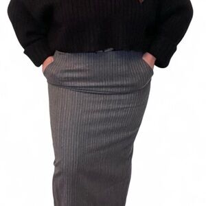 Rafaellla Gray & White Pinstripe Wool Maxi Skirt